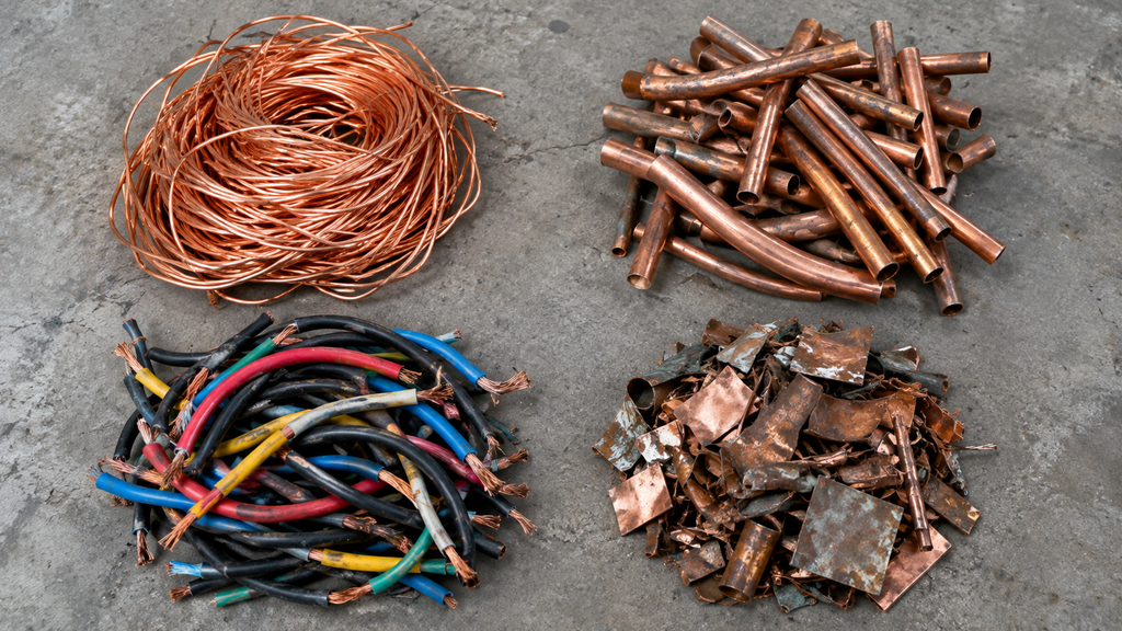 Different grades of copper scrap including bright wire, tubing and insulated cable