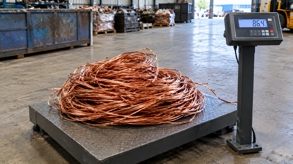 Copper wire on a scale showing how weight and grade affect the price
