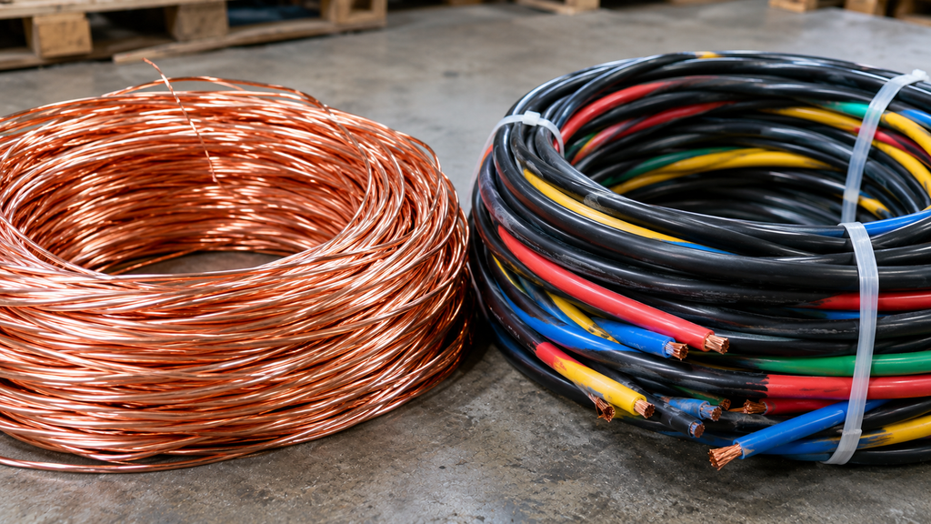 Stripped bright copper wire next to plastic coated copper cable
