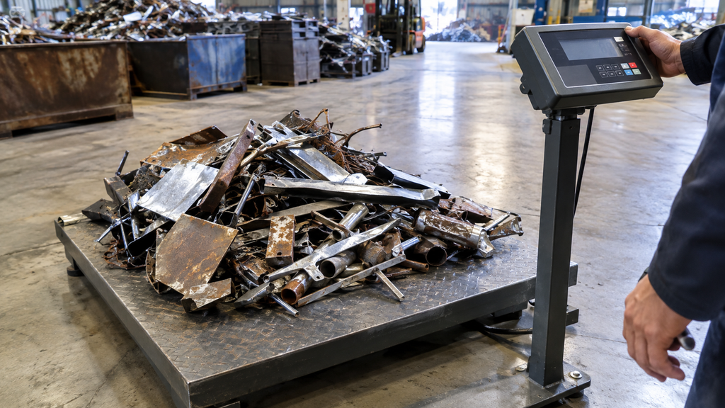 Weighing scrap metal to calculate a fair price before cash payment